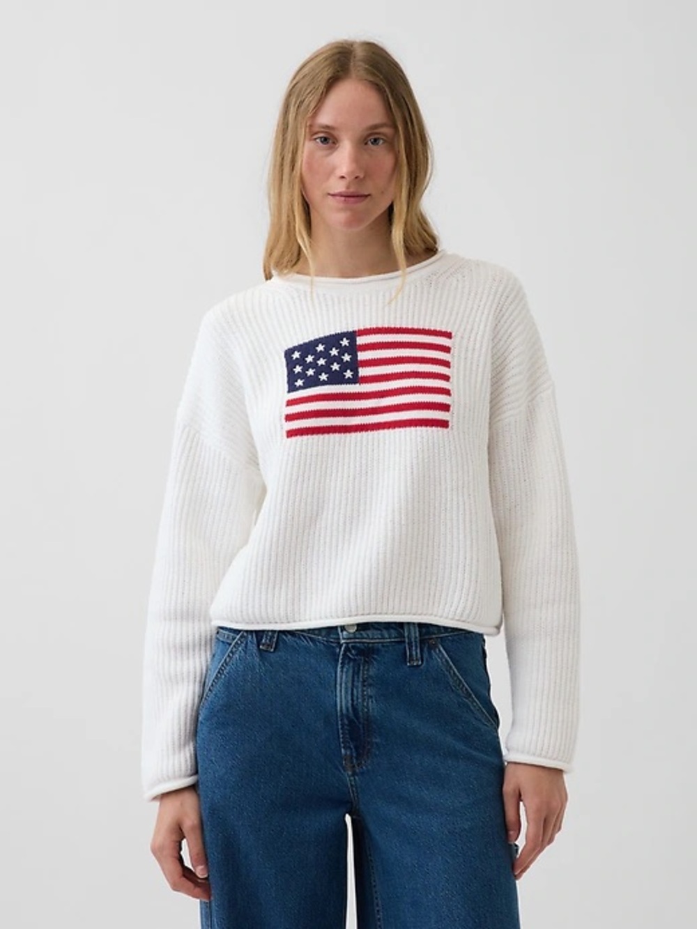 Gap NWT 100% Cotton Oversized Americana Cropped Sweater - American Flag - XXS